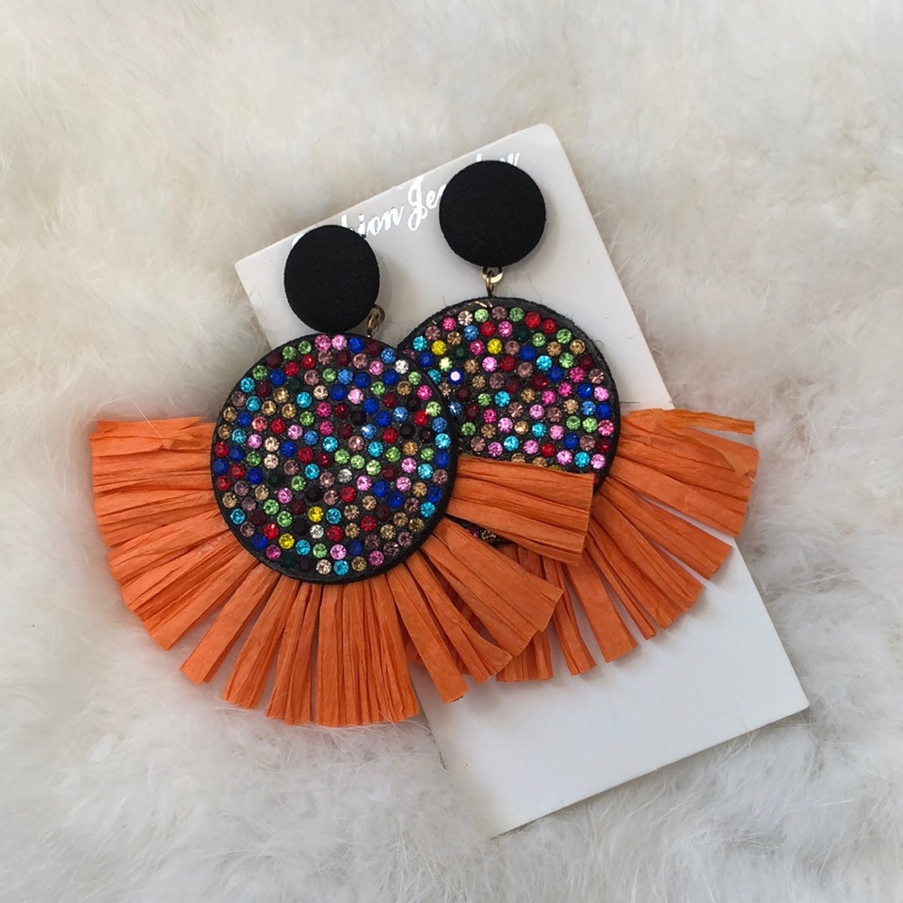 Large Multicolor Rhinestone Fringe Tassel Earrings